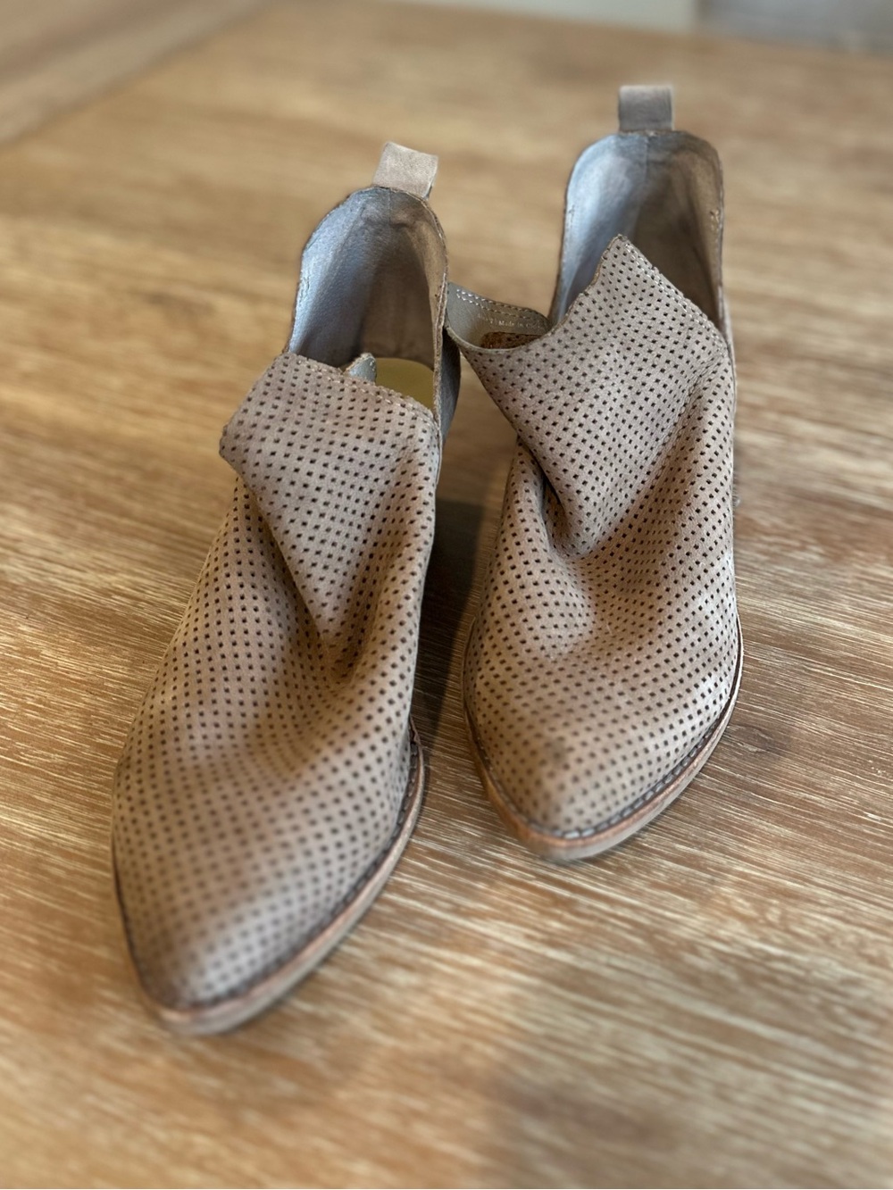 Dolce Vita Sonya Taupe Perforated Slip-On Leather Ankle Booties